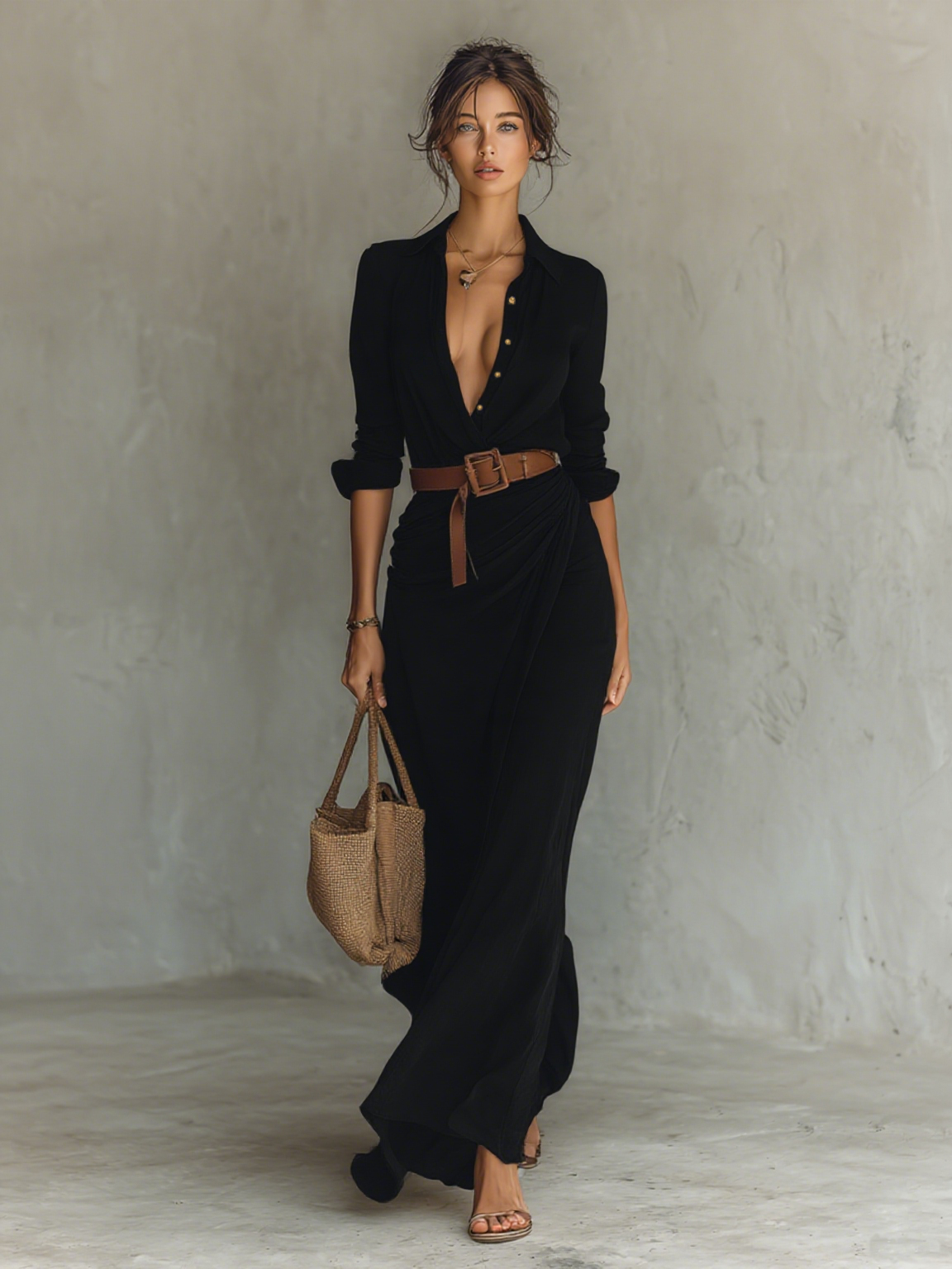 Vestido maxi largo con cuello de solapa y manga larga para mujer