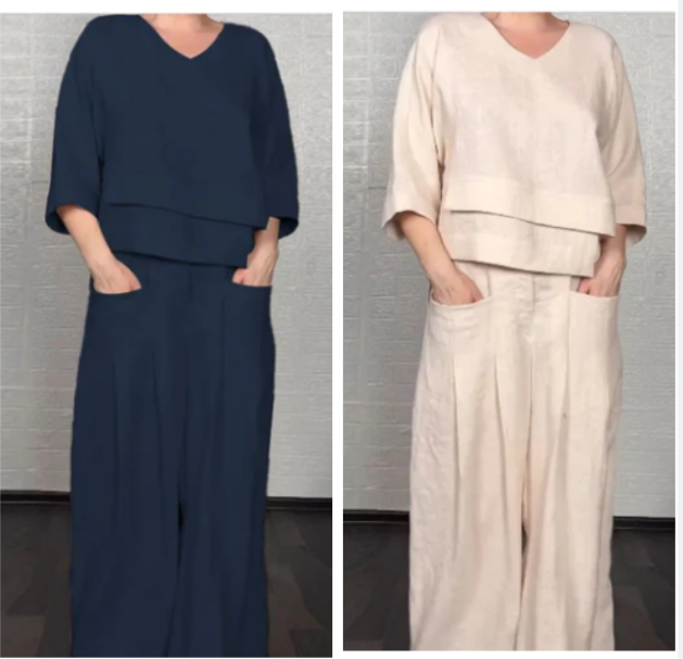 💎 Conjunto 2 Piezas de Algodón y Lino con Bajo Irregular – Top Escote en V + Pantalón Ancho, Transpirable y Elegante sin Esfuerzo 🍂👚