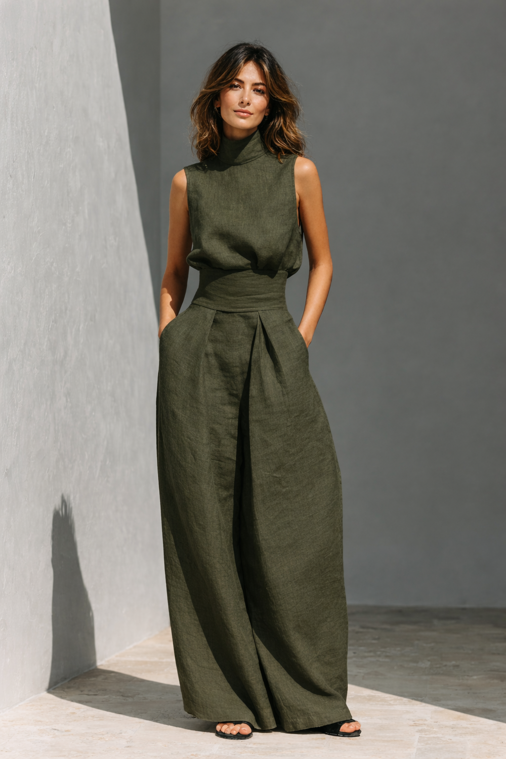 María – Conjunto Minimalista de Top Sin Mangas y Pantalón Largo en Algodón y Lino para Mujer