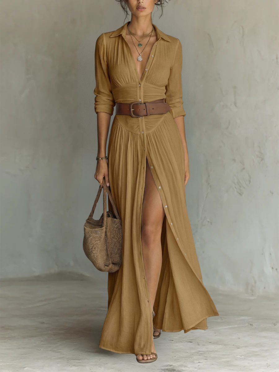 Vestido maxi de lino con cuello solapa y manga larga
