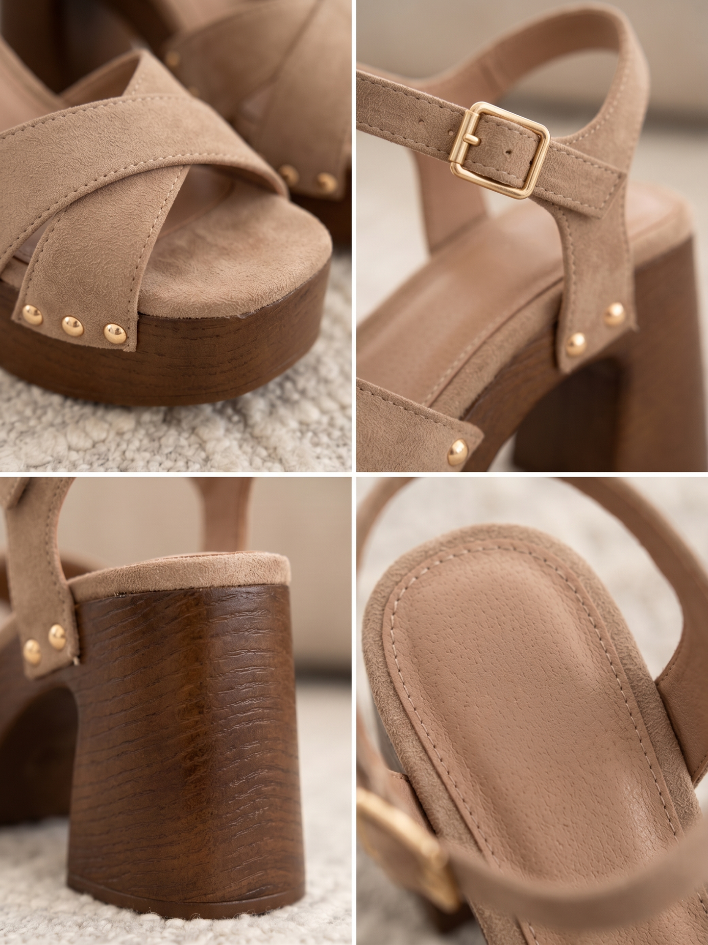 Sandalias Gaia — taupe, tiras cruzadas y tachuelas doradas