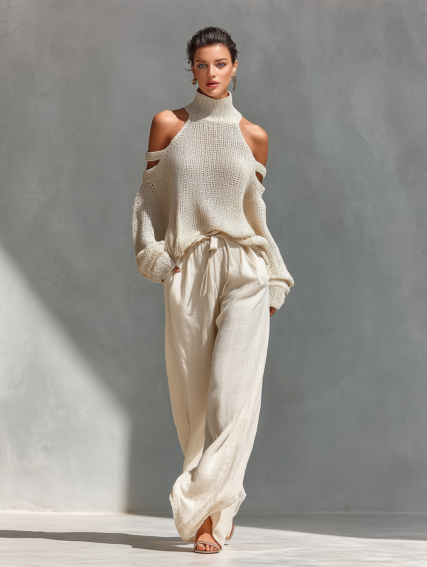 MARIA | Conjunto de punto con parte superior de cuello alto y hombros descubiertos + pantalón ancho