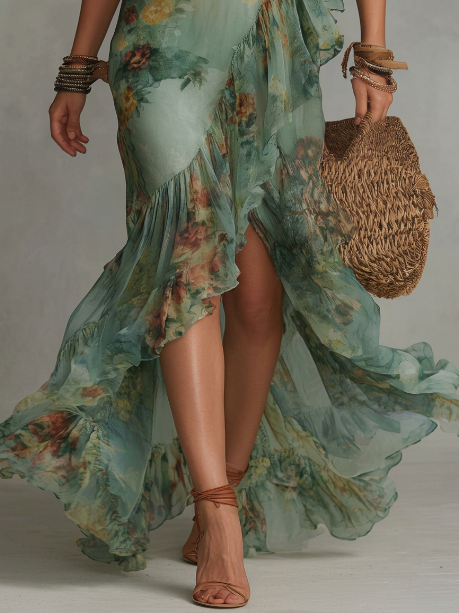 Vestido maxi de chifón verde hierba con volantes irregulares y abertura