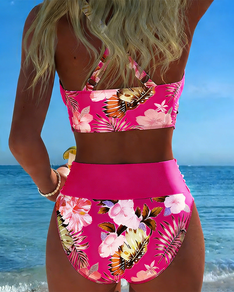Bikini con estampado floral de contraste y abertura