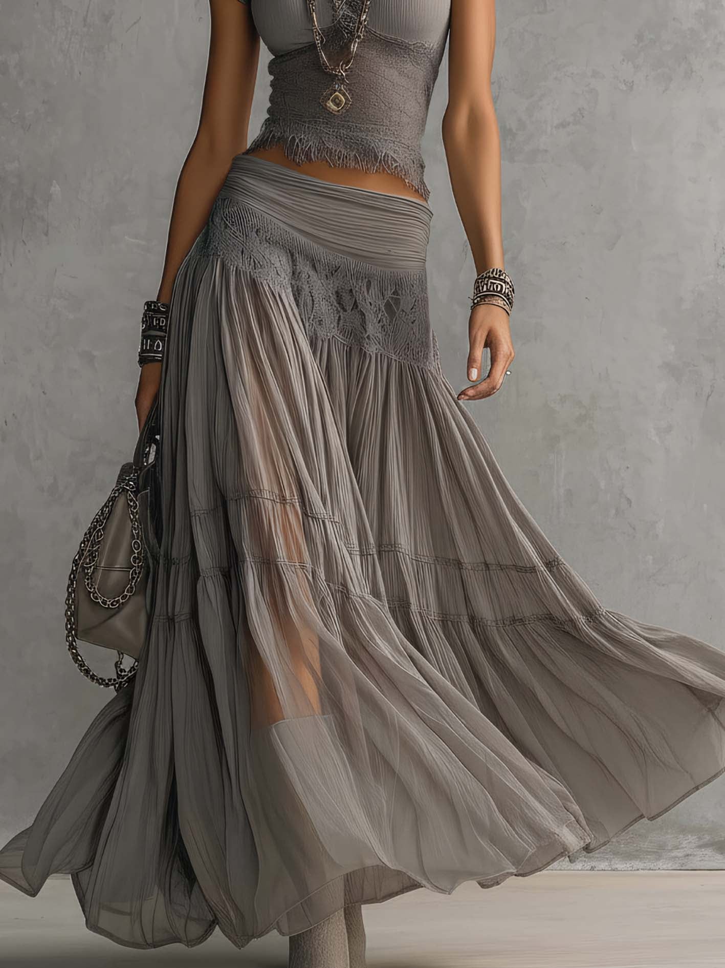 Alba – conjunto con top gris de encaje y falda larga plisada