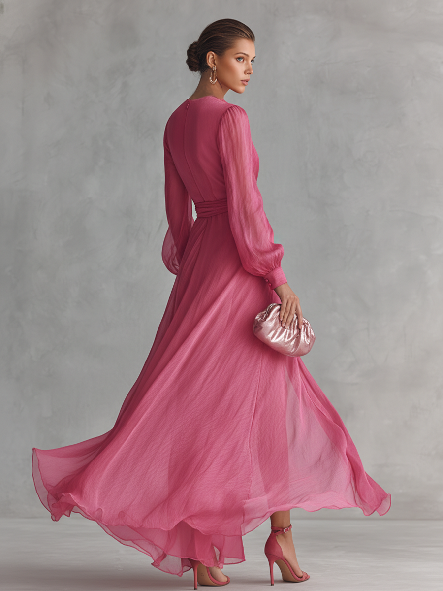 Vestido largo elegante de mujer en chifón rosa perla con escote en V y cinturón en la cintura