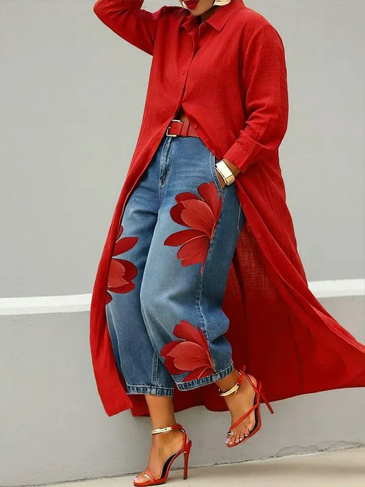 Maria | Conjunto Camisa Larga y Jeans Florales