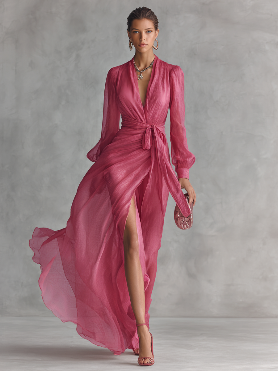 Vestido largo rosa de gasa con escote en V