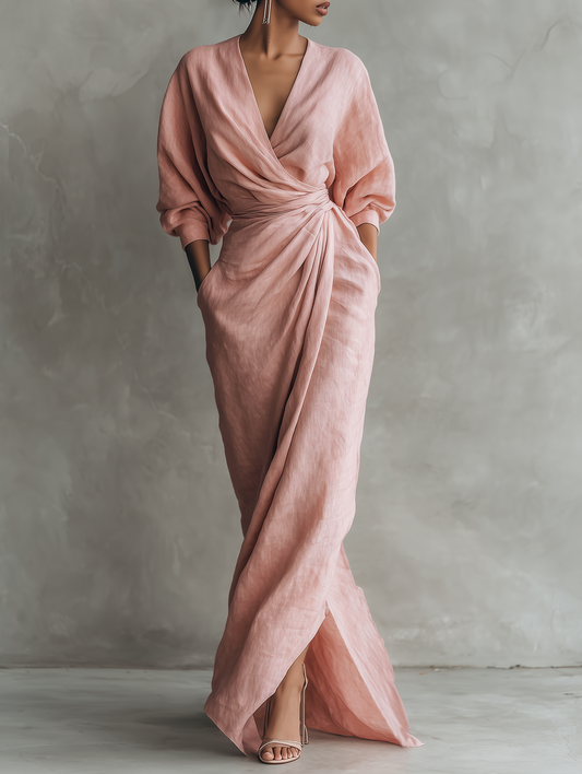 Vestido largo rosa de lino con escote en V