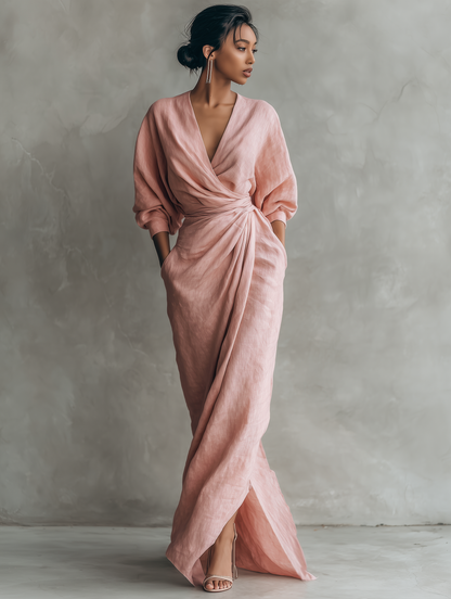 Vestido largo rosa de lino con escote en V
