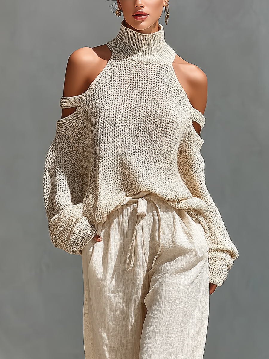 MARIA | Conjunto de punto con parte superior de cuello alto y hombros descubiertos + pantalón ancho