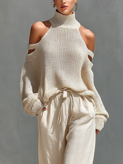 MARIA | Conjunto de punto con parte superior de cuello alto y hombros descubiertos + pantalón ancho