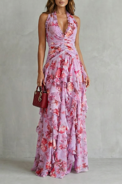 Belladina | Vestido largo romántico con cascada de rosas y cuello halter
