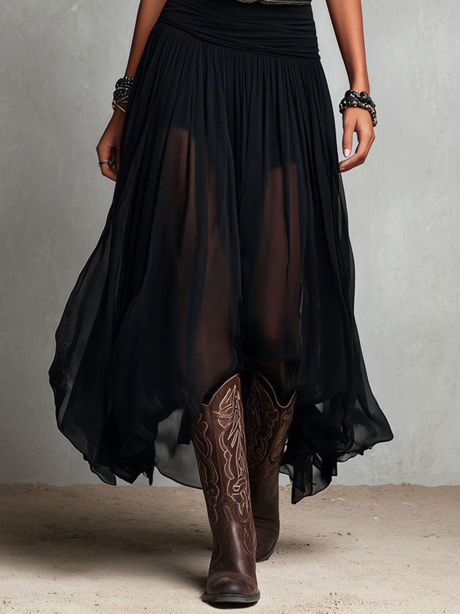 Vestido maxi negro elástico estilo boho western con falda transparente