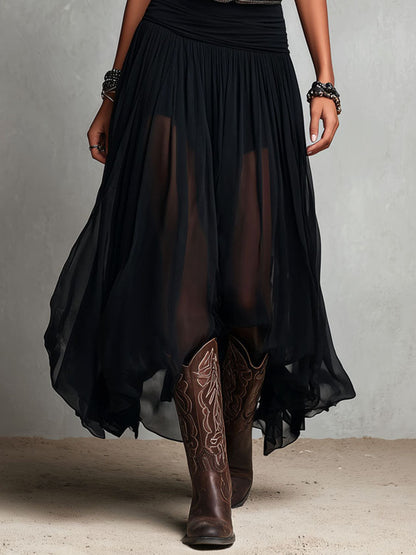 Vestido maxi negro elástico estilo boho western con falda transparente