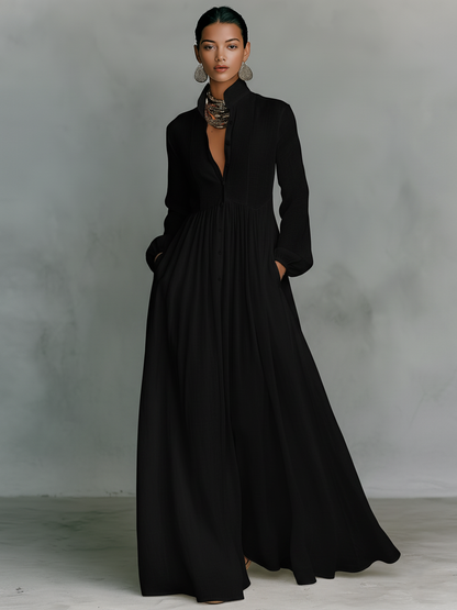 Vestido maxi de lino con patchwork y cuello alto