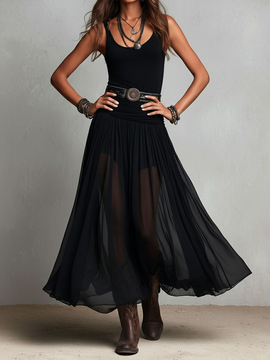 Vestido maxi negro elástico estilo boho western con falda transparente