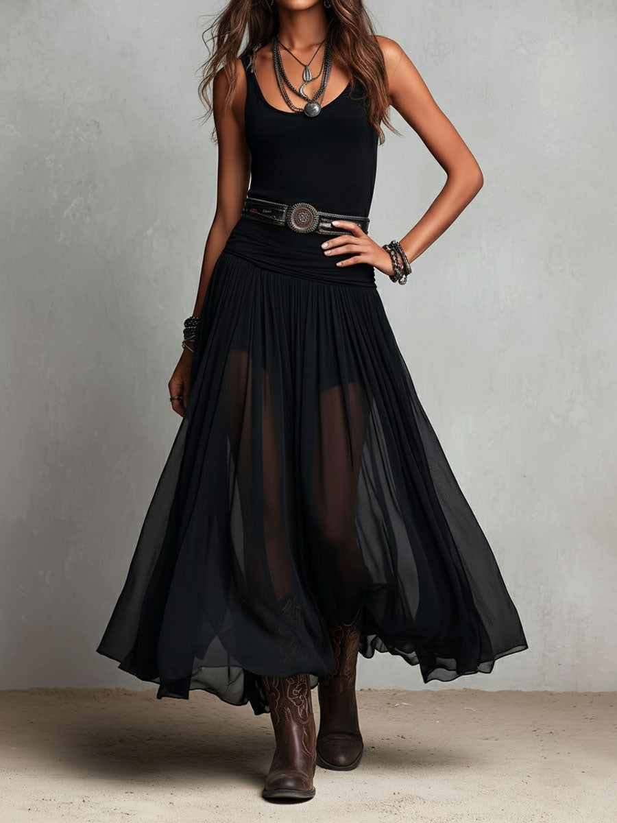 Vestido maxi negro elástico estilo boho western con falda transparente