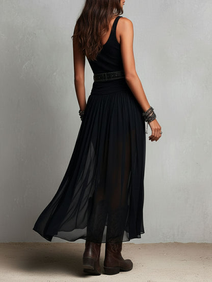 Vestido maxi negro elástico estilo boho western con falda transparente