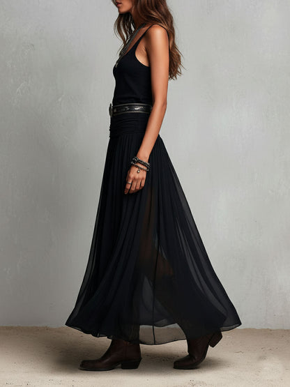 Vestido maxi negro elástico estilo boho western con falda transparente