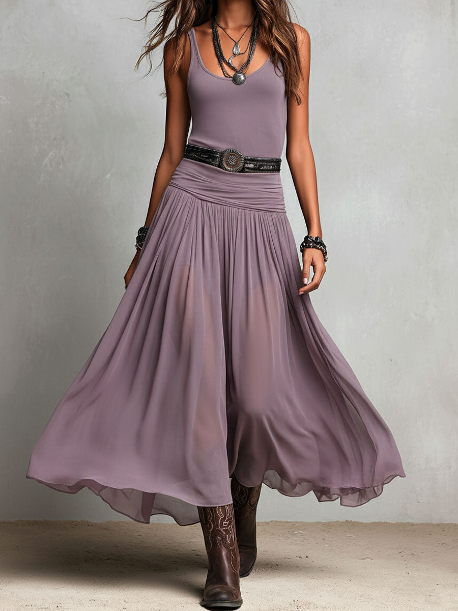 Vestido maxi negro elástico estilo boho western con falda transparente