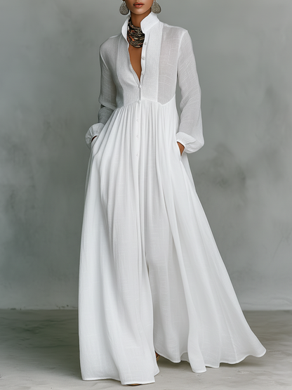 Vestido maxi de lino con patchwork y cuello alto