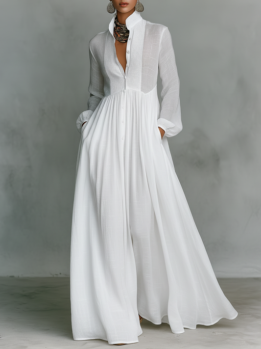 Vestido maxi de lino con patchwork y cuello alto