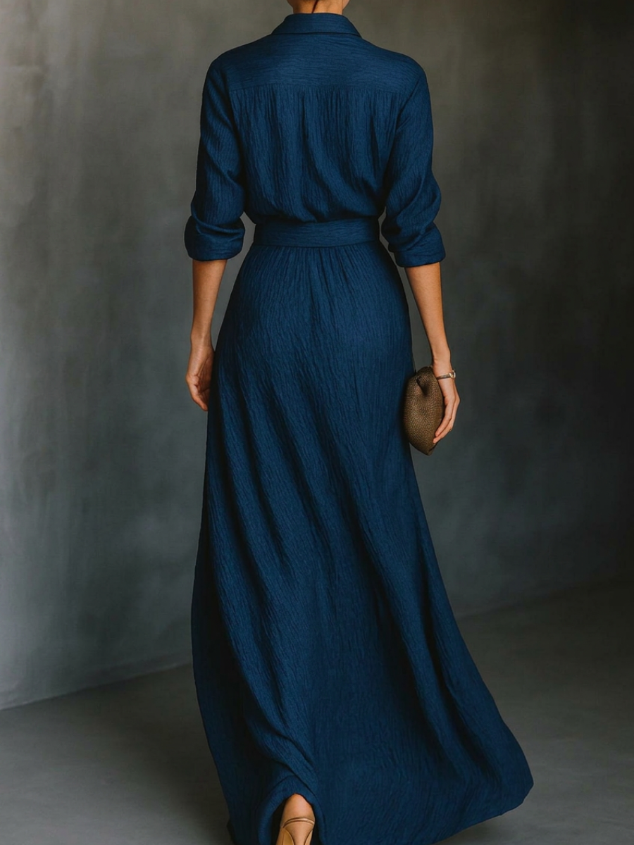 Conjunto elegante de camisa larga con manga larga y falda maxi plisada en color liso