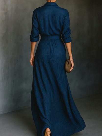 Conjunto elegante de camisa larga con manga larga y falda maxi plisada en color liso