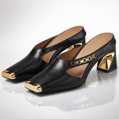 Aurea Tacones Mule Dorados con Bloque Esculpido