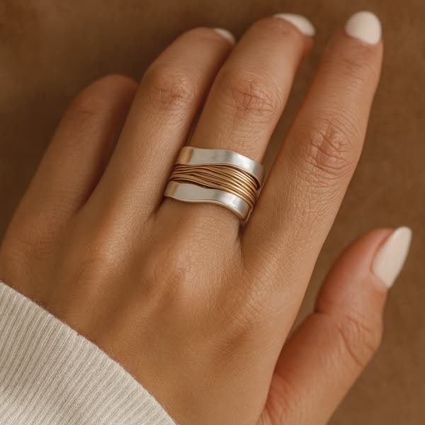 Anillo de plata con hilos dorados