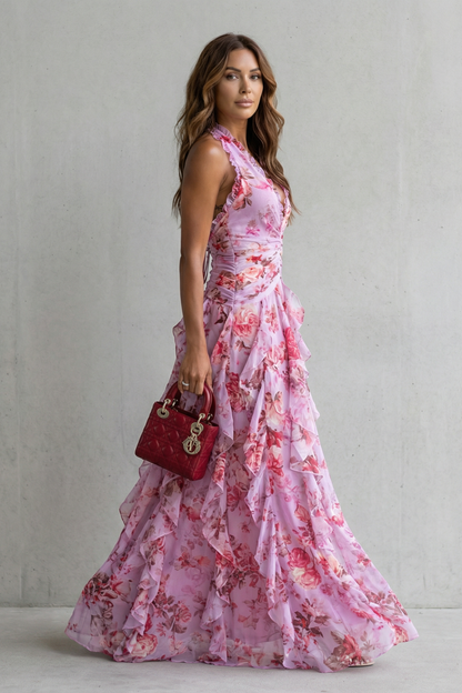 Belladina | Vestido largo romántico con cascada de rosas y cuello halter