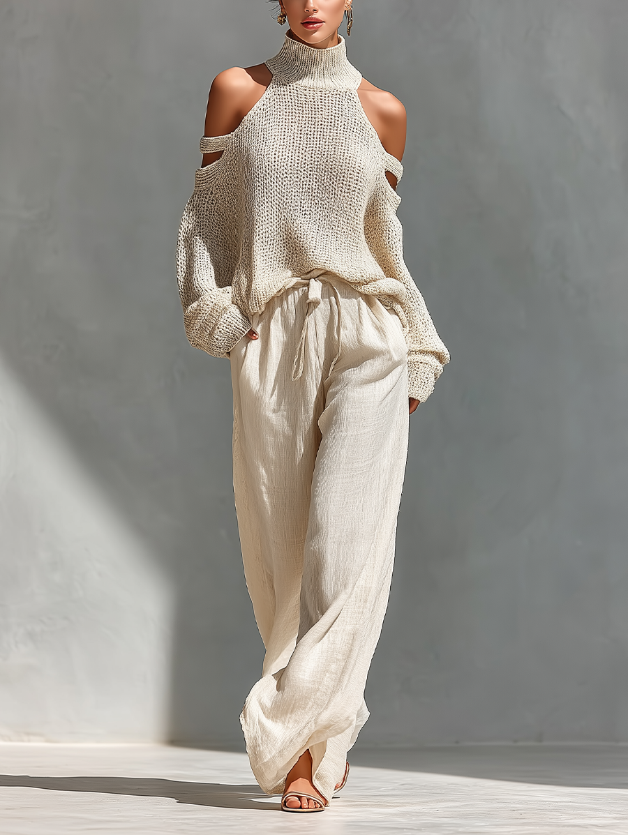 MARIA | Conjunto de punto con parte superior de cuello alto y hombros descubiertos + pantalón ancho