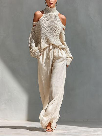 MARIA | Conjunto de punto con parte superior de cuello alto y hombros descubiertos + pantalón ancho