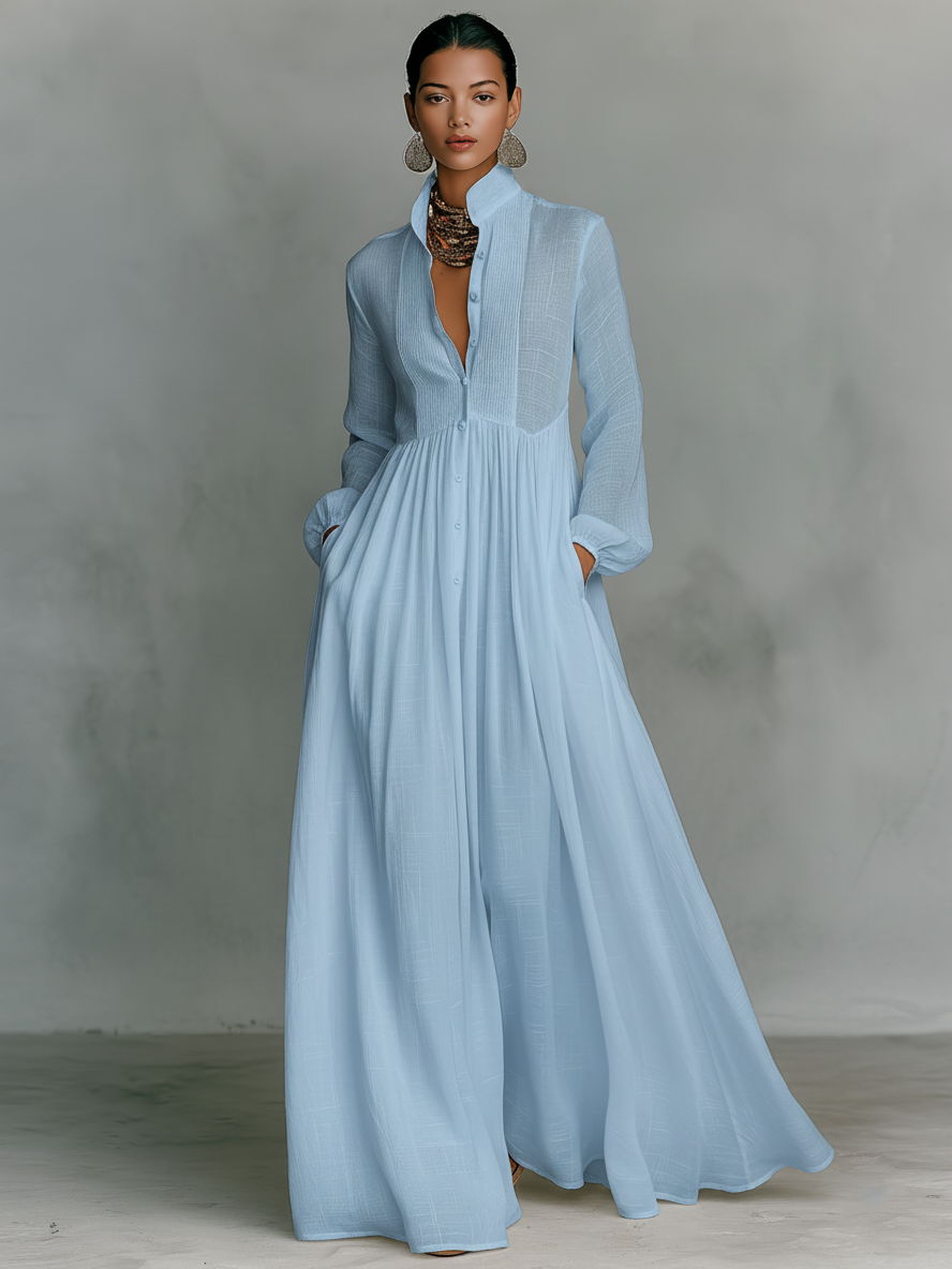 Vestido maxi de lino con patchwork y cuello alto
