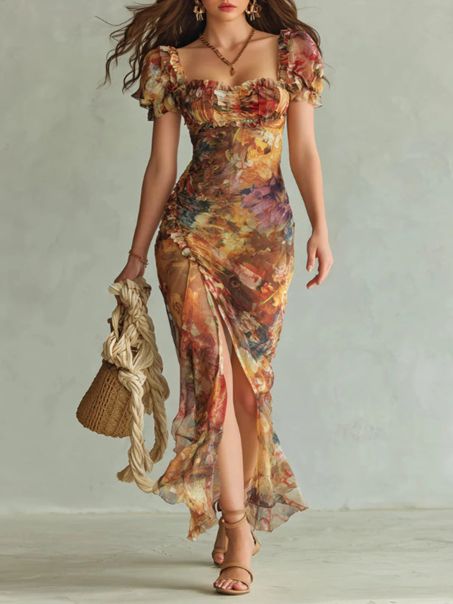 Vestido maxi elegante con escote cuadrado, manga corta y motivos florales