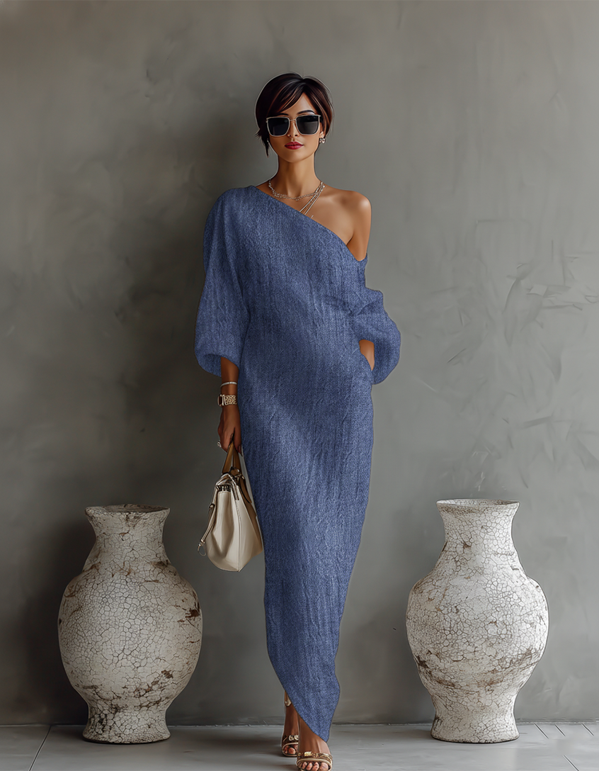 Vestido de lino color marfil con hombros descubiertos