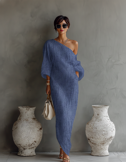 Vestido de lino color marfil con hombros descubiertos