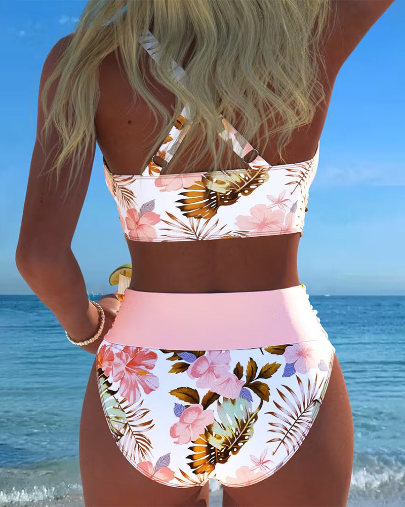 Bikini con estampado floral de contraste y abertura