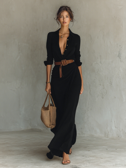 Vestido maxi largo con cuello de solapa y manga larga para mujer