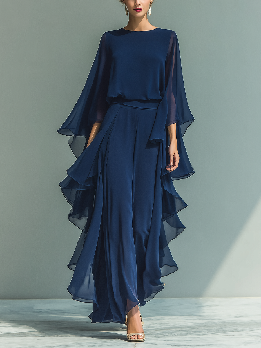 Conjunto azul marino de gasa con volantes