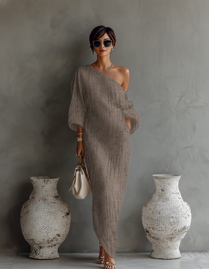 Vestido de lino color marfil con hombros descubiertos