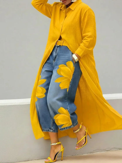 Maria | Conjunto Camisa Larga y Jeans Florales