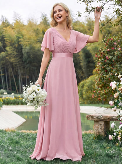 MONICA | Vestido largo de dama de honor con cintura imperio y mangas cortas fluidas