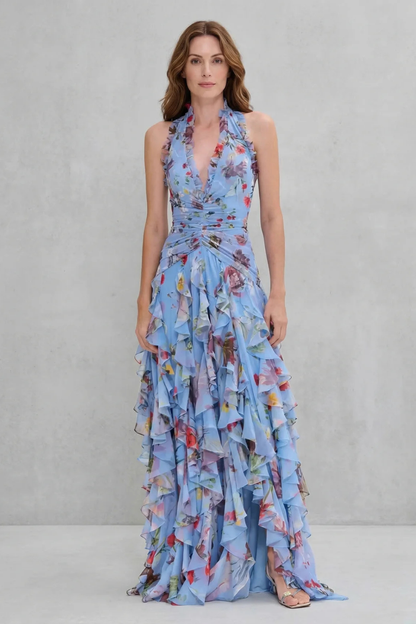 Belladina | Vestido largo romántico con cascada de rosas y cuello halter