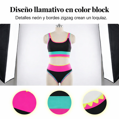 👙🌊 Conjunto de Bikini 3 Piezas – Cintura Alta, Color Block y Diseño en Zigzag para Playa y Vacaciones