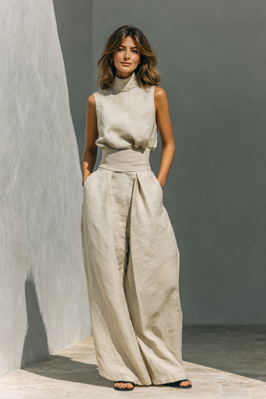 María – Conjunto Minimalista de Top Sin Mangas y Pantalón Largo en Algodón y Lino para Mujer
