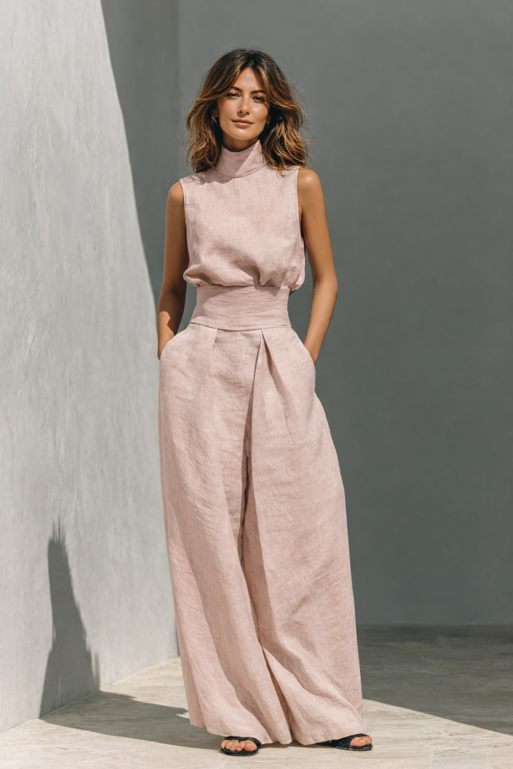 María – Conjunto Minimalista de Top Sin Mangas y Pantalón Largo en Algodón y Lino para Mujer