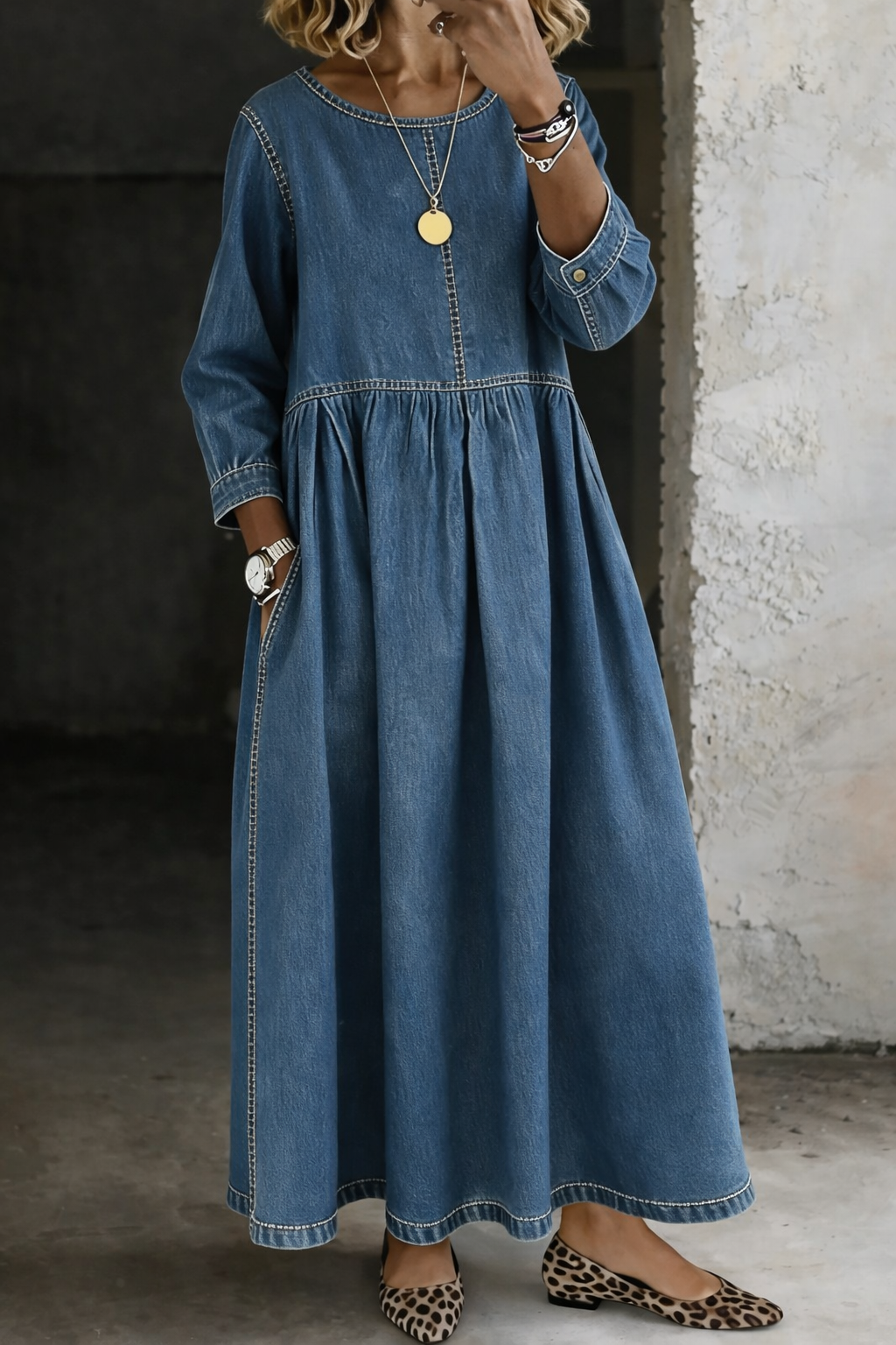 Melisa | Vestido vaquero de cuello redondo y manga larga