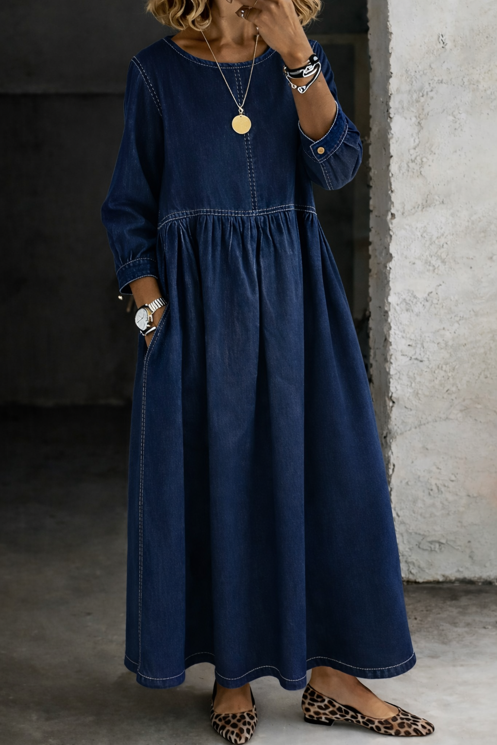 Melisa | Vestido vaquero de cuello redondo y manga larga